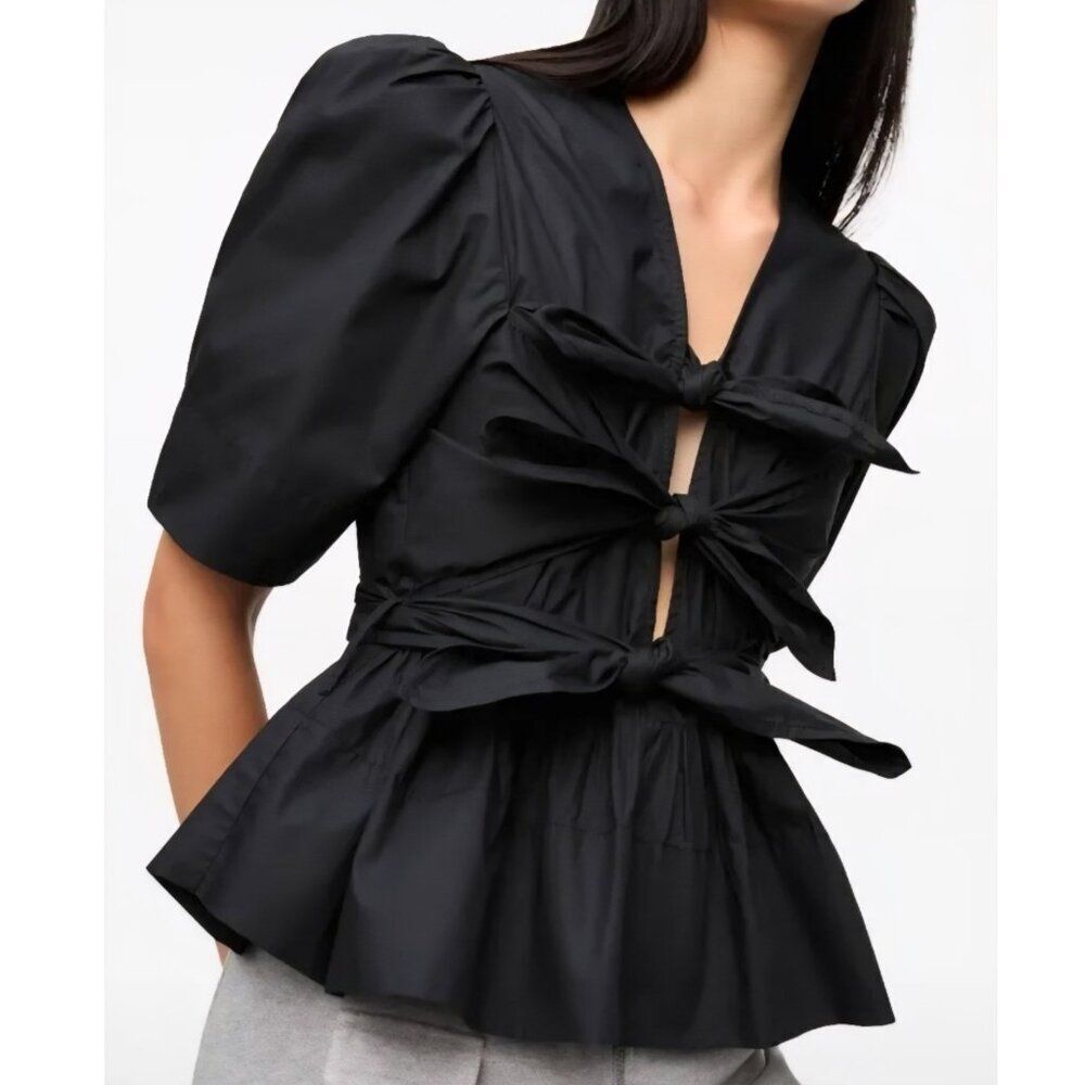 New! GANNI - Size US 6/38 - Women's Black Tie Strap Blouse‎ $295